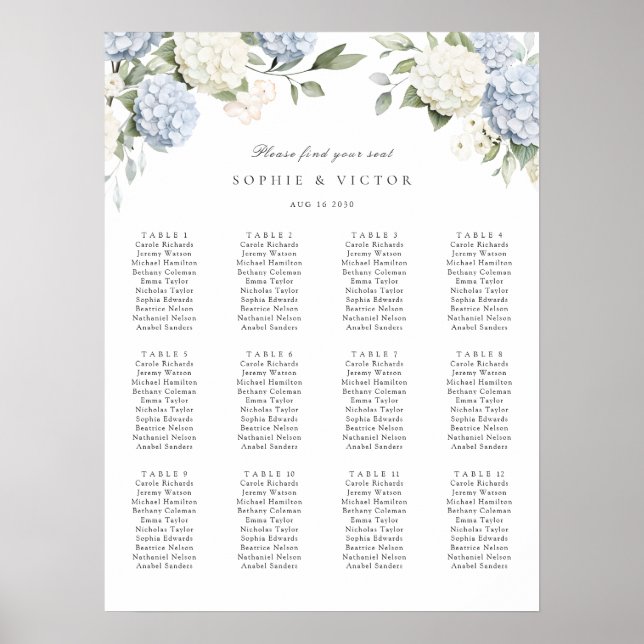 Blommig Hydrangea 12 Bord Bröllops Sittplan Poster (Framsidan)