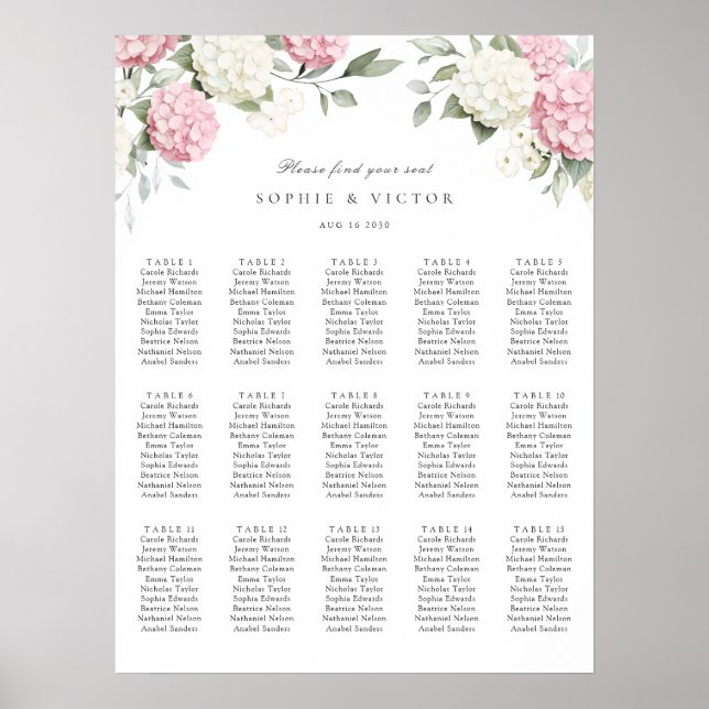 Blommig Hydrangea 15 Bord Bröllops Sittplan Poster (Framsidan)