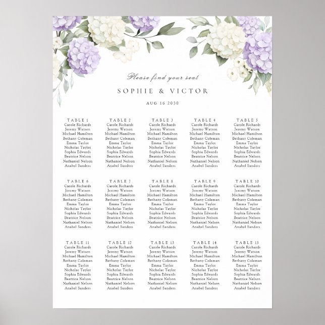 Blommig Hydrangea 15 Bord Bröllops Sittplan Poster (Framsidan)