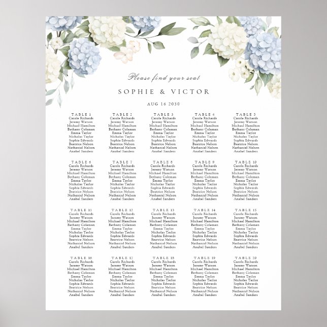 Blommig Hydrangea 20 Bord Bröllops Sittplan Poster (Framsidan)
