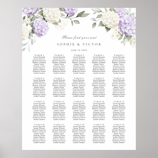 Blommig Hydrangea 20 Bord Bröllops Sittplan Poster (Framsidan)