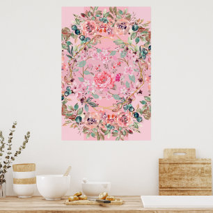 Blommig illustration, rosa blomsterkrans poster