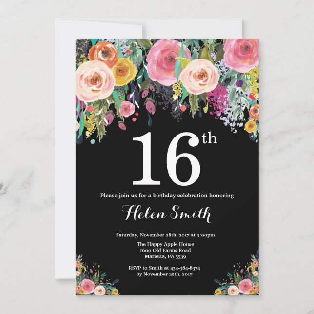 Blommig inbjudan till 16-årsdag (Framsida)