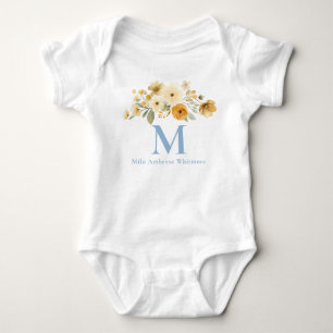 Blommig initial barnkropp Blått monogramnamn T Shirt