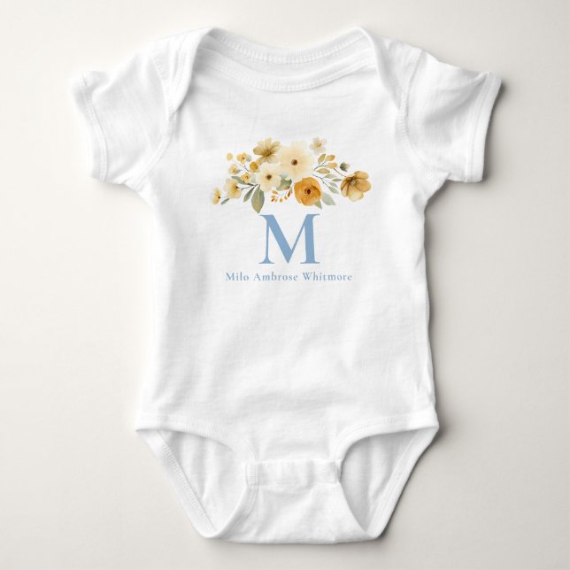 Blommig initial barnkropp | Blått monogramnamn T Shirt (Framsida)