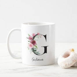Blommig initial G Rosa rosor Redigerbart namn Kaffemugg