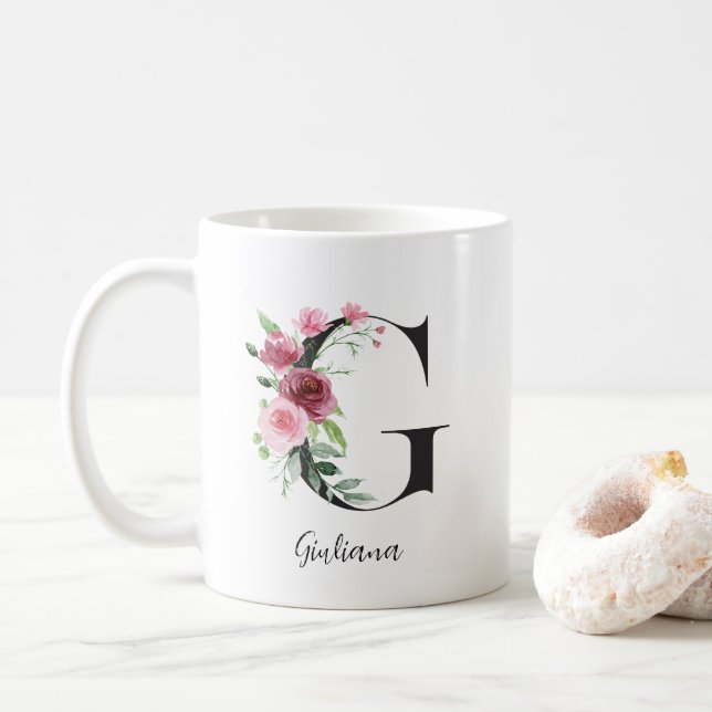 Blommig initial G Rosa rosor Redigerbart namn Kaffemugg (Med munk)