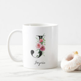 Blommig initial J Rosa rosor Redigerbart namn Kaffemugg