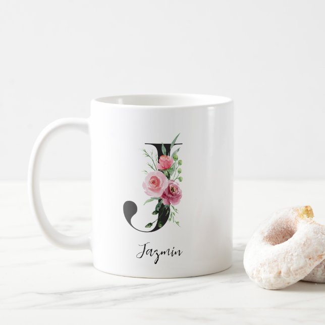 Blommig initial J Rosa rosor Redigerbart namn Kaffemugg (Med munk)