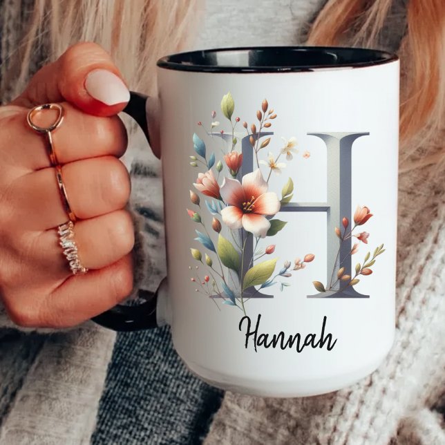 Blommig Initial Mugg, Anpassad Mugg till Mamma ell (custom wildflower mug, personalized initial mug, wildflower coffee mug, birth flower mug for women,)