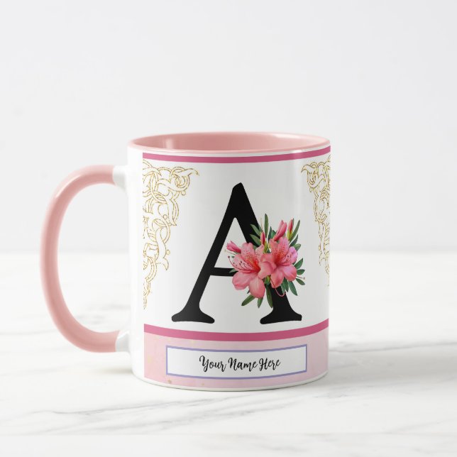 Blommig initial mugg – Bokstav A Monogram | Person (Vänster)