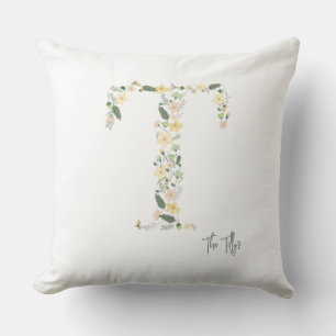 Blommig initial "T" mjuka färger äng NAMN Modern Kudde