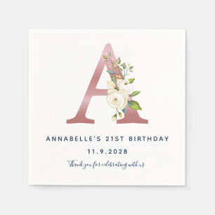Blommig initialmonogram 21-årsdag Roséguld Pappersservett