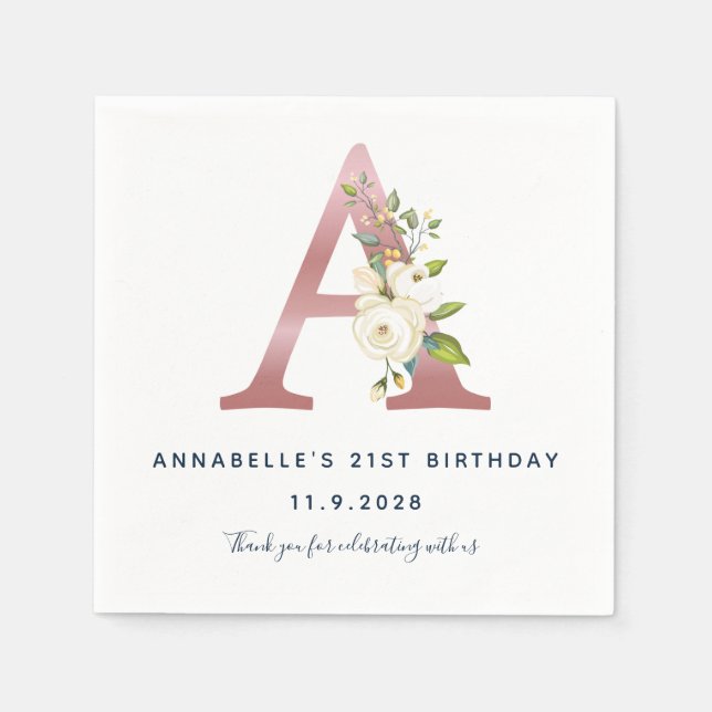 Blommig initialmonogram 21-årsdag Roséguld Pappersservett (Framsidan)