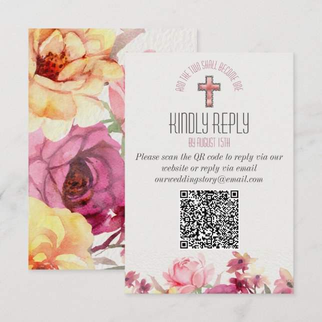 Blommig Inspirerande Vänligen Svara QR-kod Bröllop OSA Kort (Fram/baksida)