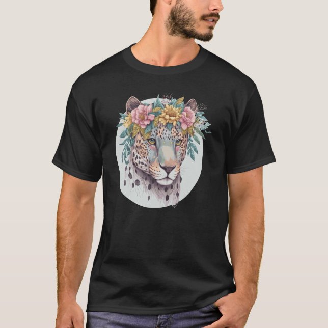 Blommig Jaguar Blomkrona Vattenfärg Djur T Shirt (Framsida)