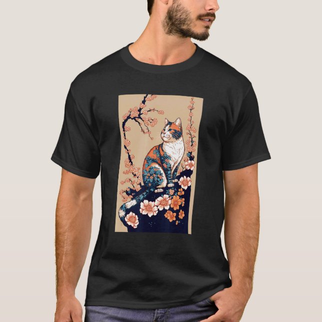 Blommig Japansk Katt T Shirt (Framsida)