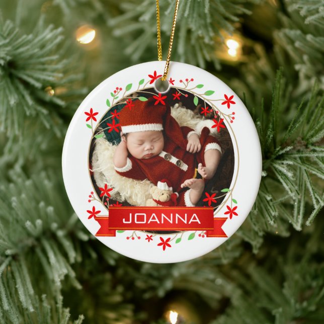 Blommig jul Babys första jul foto Julgransprydnad Keramik (Träd)