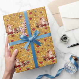 Blommig jul- enhörning guld flicka inslagspapper presentpapper