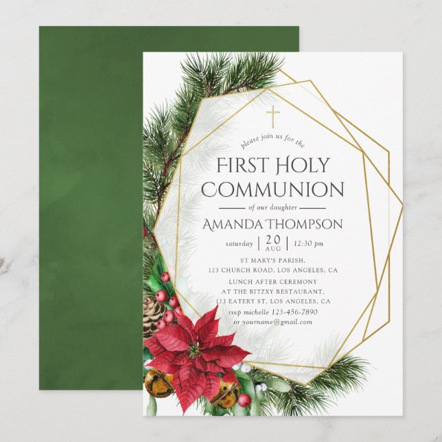 Blommig jul geometrisk första heliga kommunion inbjudningar (Fram/baksida)