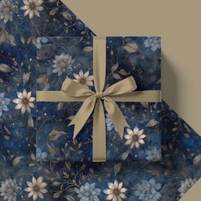 Blommig jul Midnattblå och krämfärgad present  Presentpapper (Skapare uppladdad)