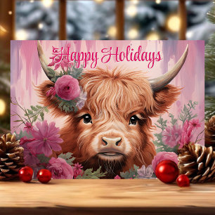 Blommig julbebis Highland ko God jul Helgkort
