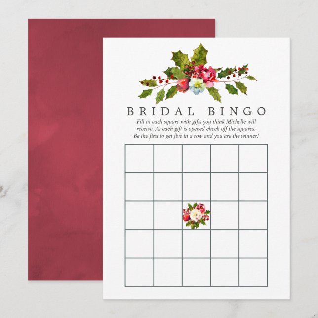 Blommig julbröllopsbingo med julkransmotiv inbjudningar (Fram/baksida)