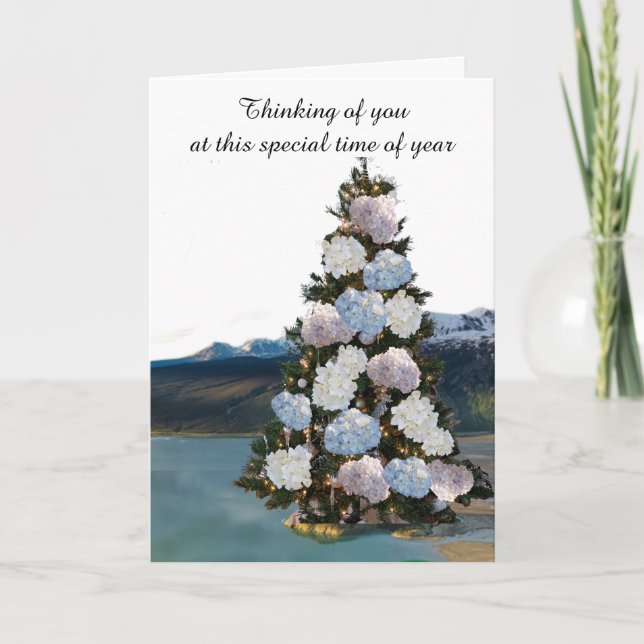 Blommig julgran bergvy semesterkort helgkort (Framsida)