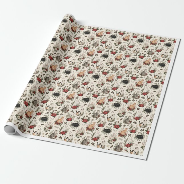 Blommig julkatts botaniska presentpapper (Utrullad)
