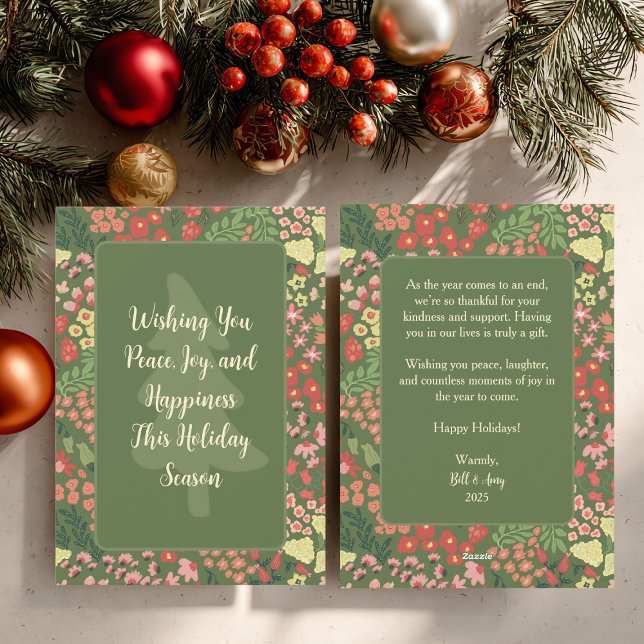 Blommig julkort - Anpassat meddelande, namn & datu (Personalized Elegant Floral Holiday Flat Card)