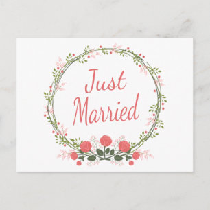 Blommig Just Married Rosenkrans Rosa Röd Bröllop Meddelande Vykort