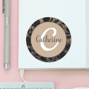 Blommig kaffekräm Elegant monogram namnet  Runt Klistermärke
