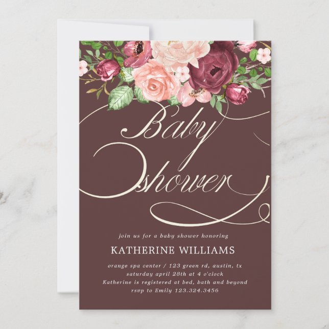 blommig kalligrafi baby shower inbjudan (Framsida)