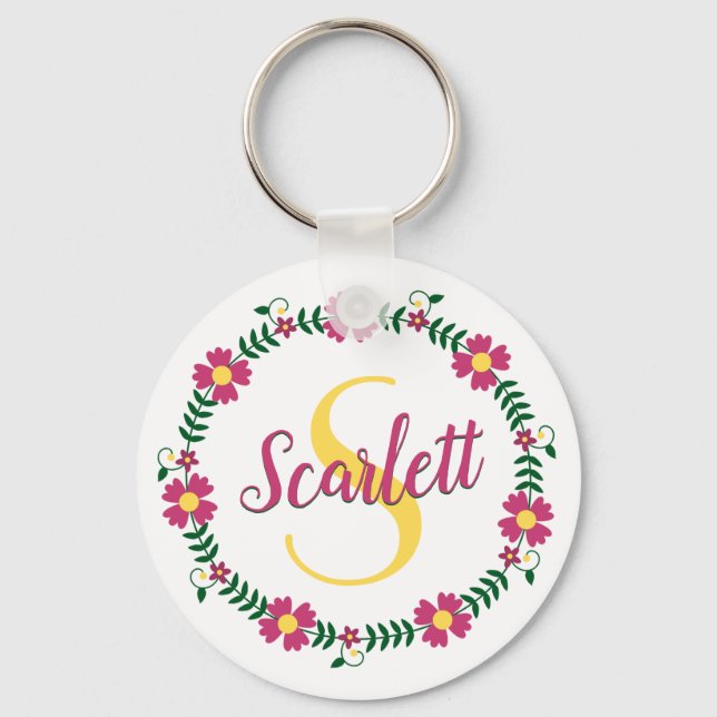 Blommig Kalligrafi Kursiv Skript Namn Monogrammera Nyckelring (Framsida)