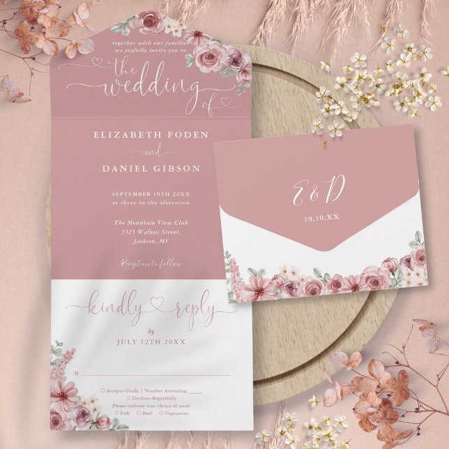 Blommig kalligrafiskrift Dammtrosa Bröllop (Floral Calligraphy Script Dusty Rose Wedding All In One Invitation)