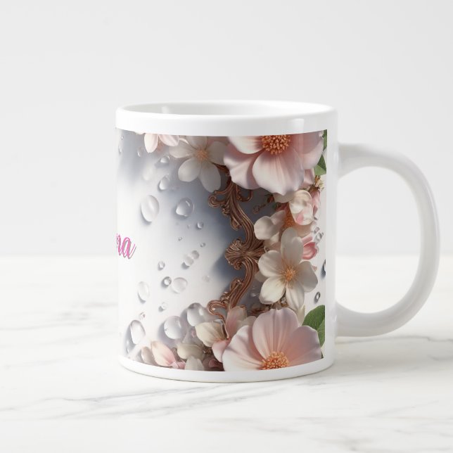 Blommig kant med anpassat namn jumbo mugg (Höger)