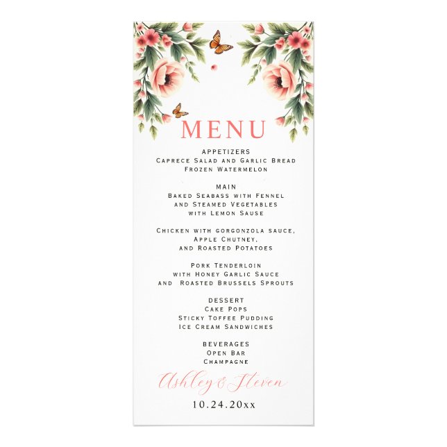Blommig kant med rosa blommor bröllopsmenykort reklamkort (Framsidan)
