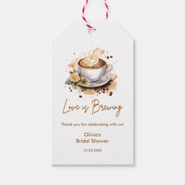 Blommig kärlek brygger brun kaffe bröllopsdusch presentetikett (Framsidan)