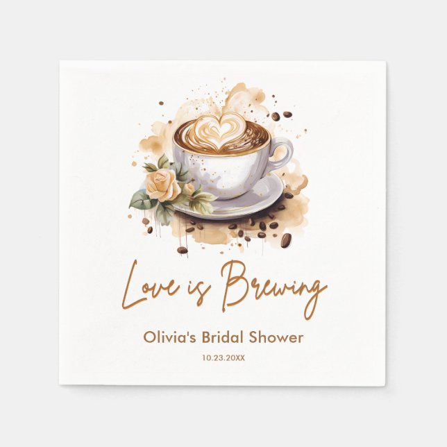 Blommig Kärlek Brygger Brun Kaffebryllup  Pappersservett (Framsidan)