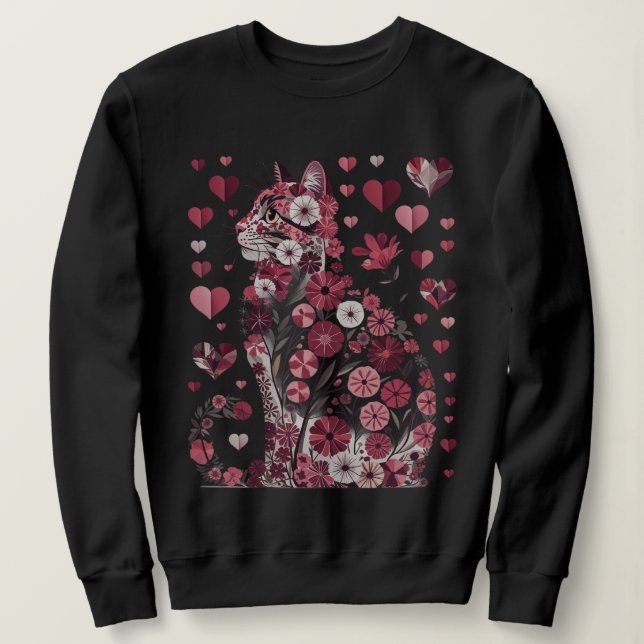 Blommig Kärlekskatt – Romantisk Rosa Botanisk Katt T Shirt (Design framsida)