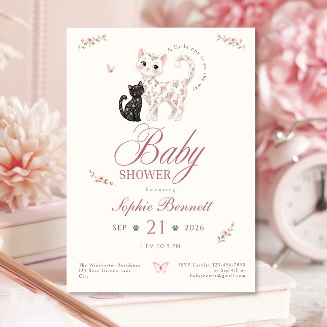 Blommig katt baby shower inbjudan för flickor (Floral Cat Baby Shower Invitation for Girls)