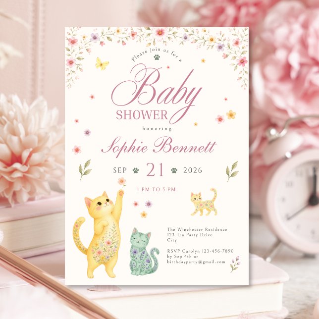 Blommig katt baby shower inbjudan för flickor (Floral Cat Baby Shower Invitation for Girls)