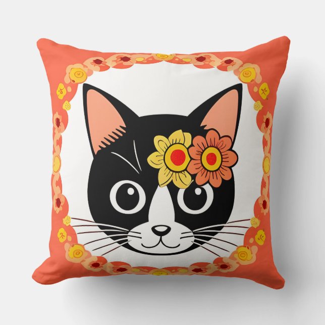 🐱 Blommig Katt Elegant Hemstil Blommar ✨ Kudde (Framsida)