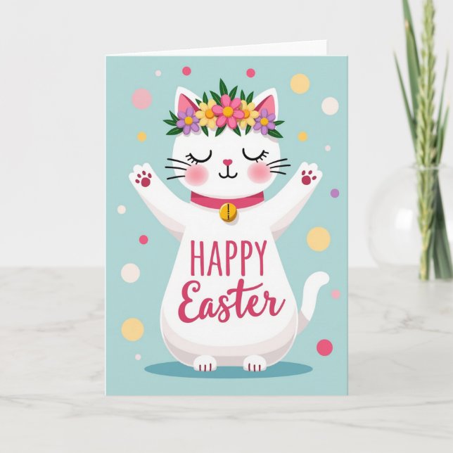 Blommig Katt Glad Påsk Kort (Framsida)