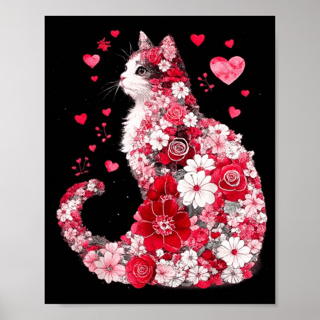 Blommig Katt Hjärtat Konst Romantisk Design för Fl Poster (Framsidan)