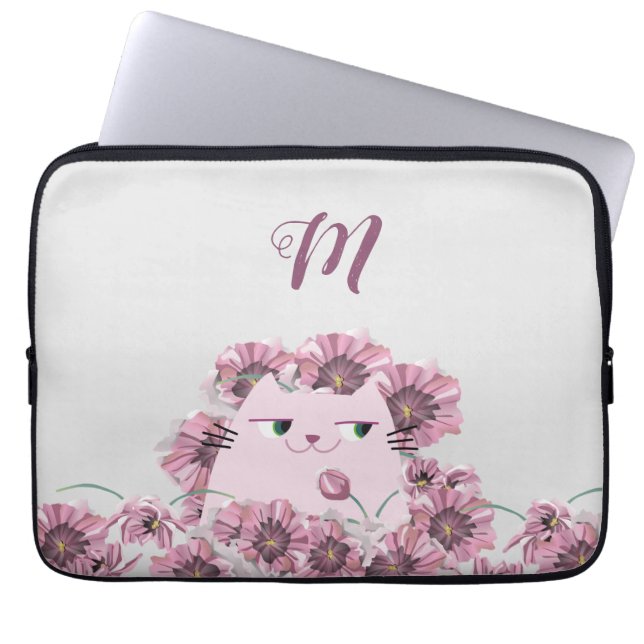 Blommig katt laptopsleeve monogram lila laptop fodral (Framsidan)