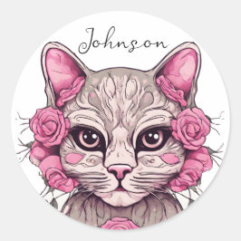 Blommig katt och rosa rosor dekal runt klistermärke