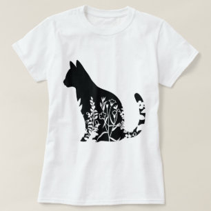Blommig Katt Silhuett Minimalistisk Design T Shirt