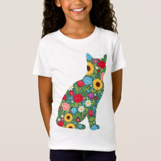 Blommig Katt Siluett Blommande Mönster T Shirt