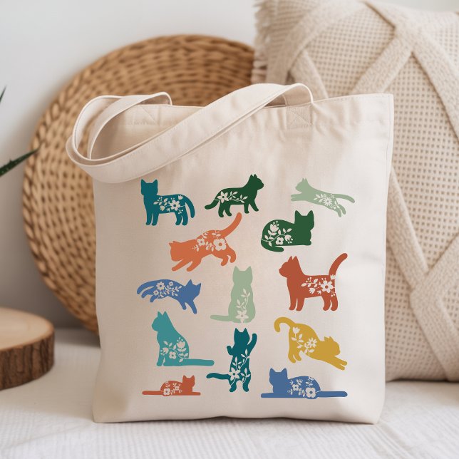 Blommig Katt Siluett | Botanisk Kattälskare Tygkasse (Floral Cat Silhouette | Botanical Cat Lover Tote Bag)
